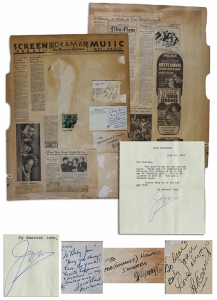 Joan Crawford Letter Signed to ''Moe Darling'' Regarding ''Dancing Lady'' -- Also With Autographs From Rube Goldberg, Leo Carillo & Jack Pearl, Affixed to Moe's 18'' x 24'' News Clippings From 1937